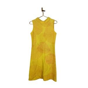 Vintage 60s Yellow Leaf Print Shift Dress Sleeveless Rolled Collar